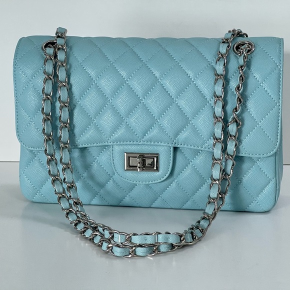 Double Flap Blue Quilted Chain Bag NWOT - Picture 1 of 15